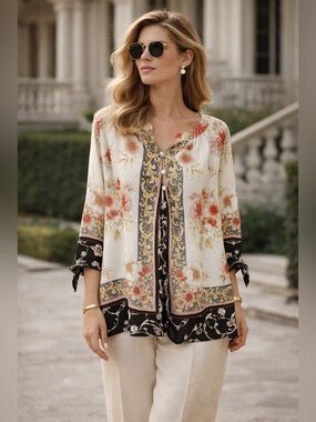 Anthropologie Fig And flower Cream Black Gold Floral Tunic Sz 1X Old Money